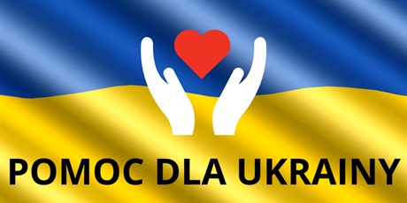 Powiększ grafikę: Na tle flagi Ukraińskiej dwie białe dłonie trzymajace czerwone serce. Podpis Pomoc dla Ukrainy.