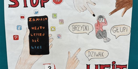 Powiększ grafikę: Plakat z napisem: Stop hejt. Zamiast hejtu lepiej dać like.