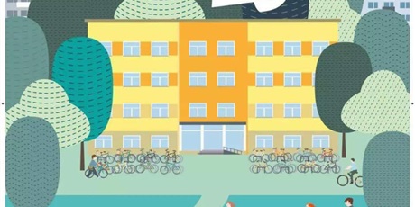 Powiększ grafikę: Grafika budynku szkolnego z rowerami znajdującymi się przed budynkiem.